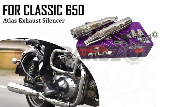 For Royal Enfield Classic 650 Atlas Red Rooster Exhaust Silencer Polished - SPAREZO